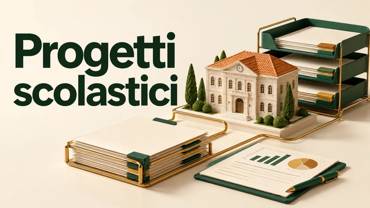 Illustrazione editoriale tridimensionale sul tema progetti scolastici, con il testo «Progetti scolastici».