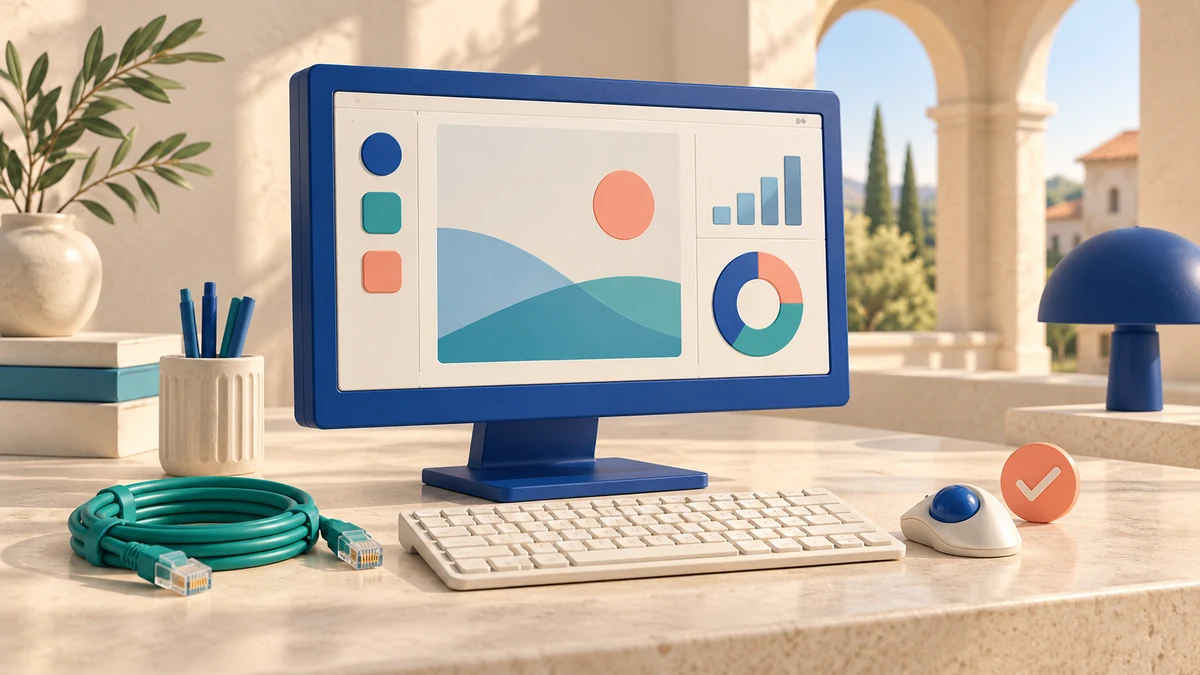 Postazione digitale, cavo di rete e trackball per preparare laboratori accessibili.