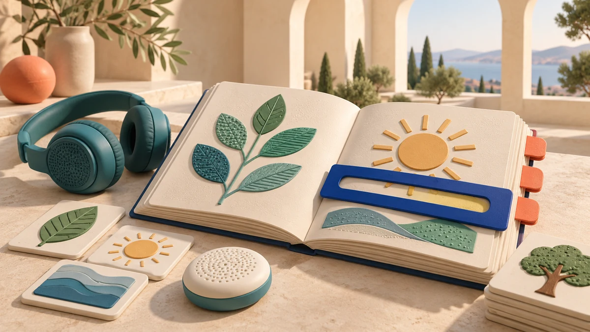 Libro illustrato, guida di lettura e cuffie per modalità accessibili di lettura.