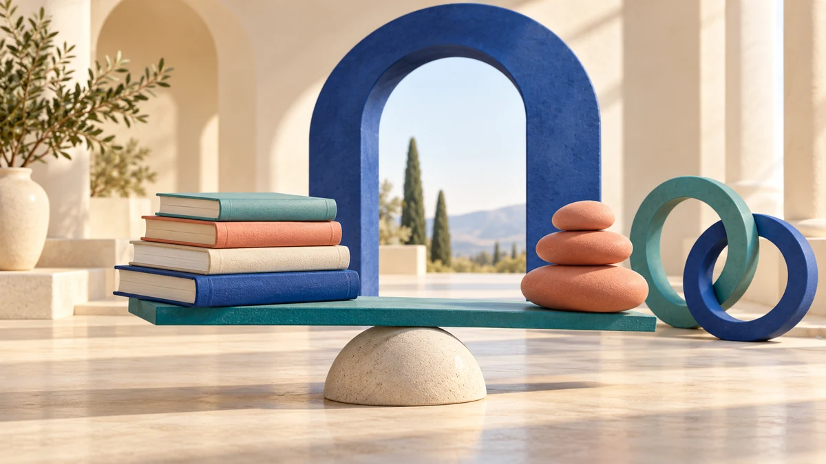 Bilancia con libri e pietre levigate, simbolo di equilibrio e sostegno nel lavoro docente.