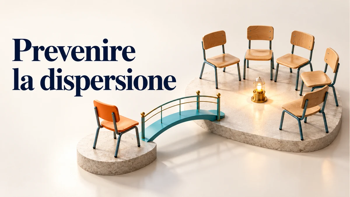 Illustrazione editoriale tridimensionale del tema prevenire la dispersione, con testo «Prevenire la dispersione».