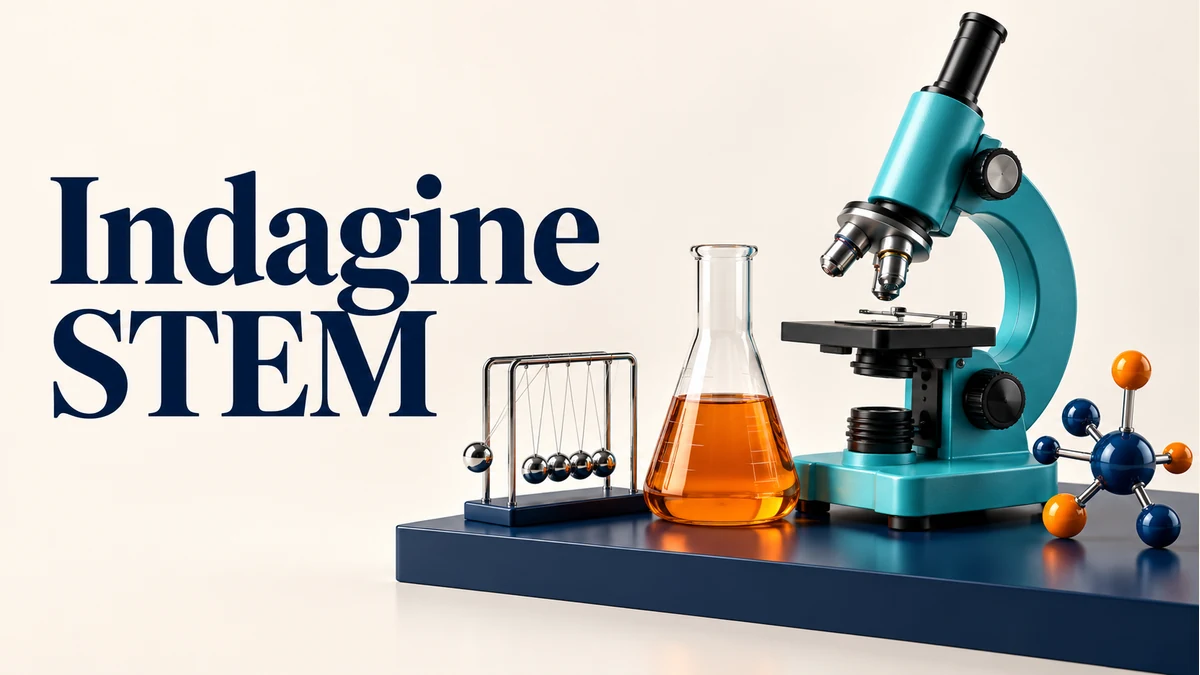 Illustrazione editoriale tridimensionale del tema indagine stem, con testo «Indagine STEM».