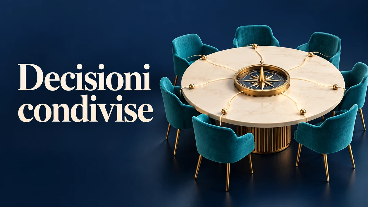Illustrazione editoriale tridimensionale del tema decisioni condivise, con testo «Decisioni condivise».