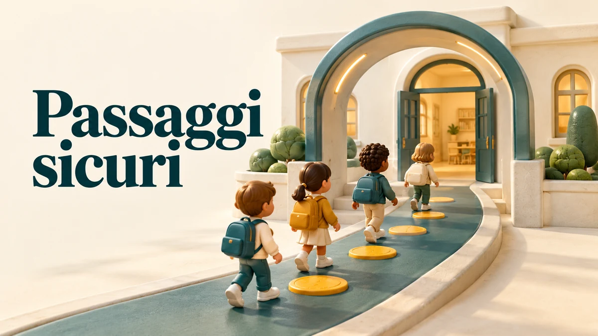 Illustrazione editoriale tridimensionale sul tema passaggi sicuri, con il testo «Passaggi sicuri».